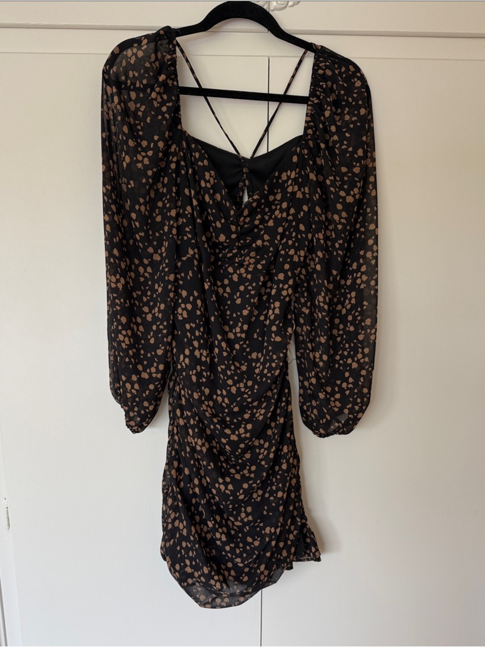 Nordstrom Black Mini Dress with Brown Print and Sheer Long Sleeves